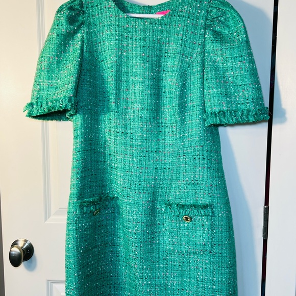 Lilly Pulitzer Ryner Boucle Kelly Green Tweed Midi Dress Size 8 - Picture 3 of 14